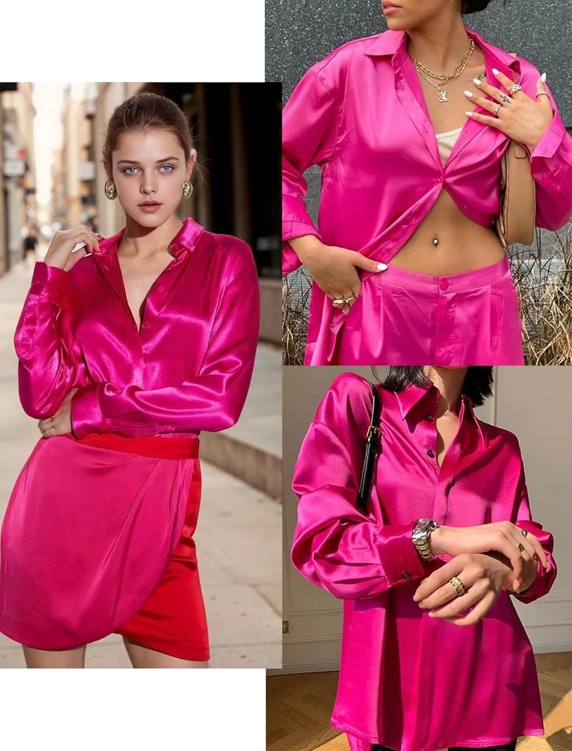 HOTOUCH Women's Satin Silk Shirts Button Down V Neck Dressy Casual Blouse Loose Long Sleeve Office Work Tunic Tops
