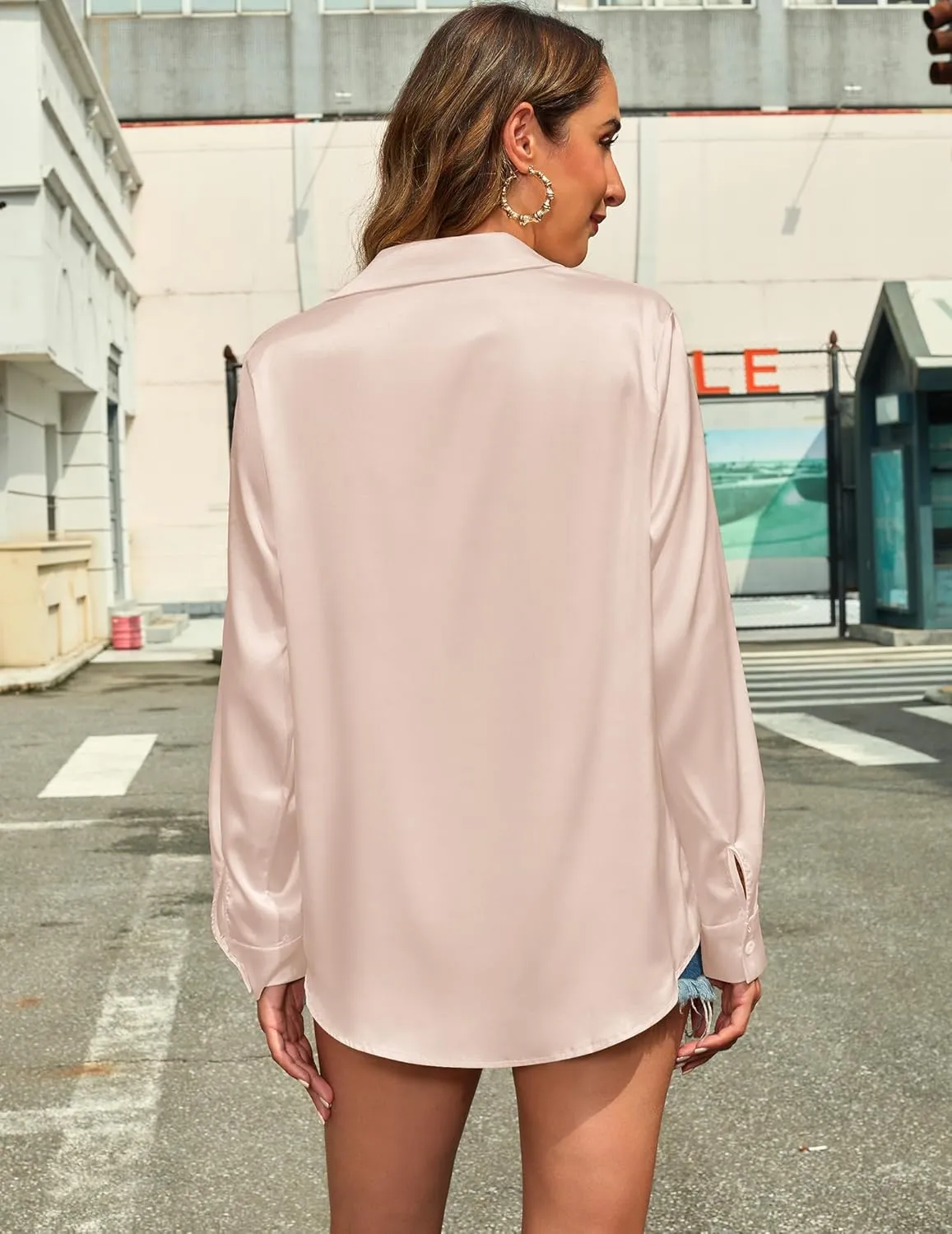 HOTOUCH Women's Satin Silk Shirts Button Down V Neck Dressy Casual Blouse Loose Long Sleeve Office Work Tunic Tops