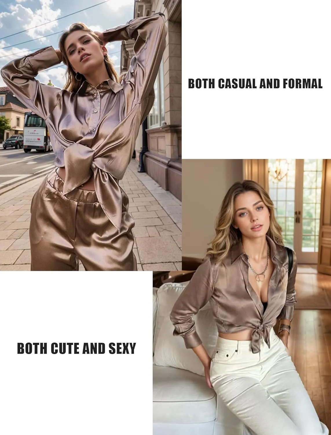HOTOUCH Women's Satin Silk Shirts Button Down V Neck Dressy Casual Blouse Loose Long Sleeve Office Work Tunic Tops