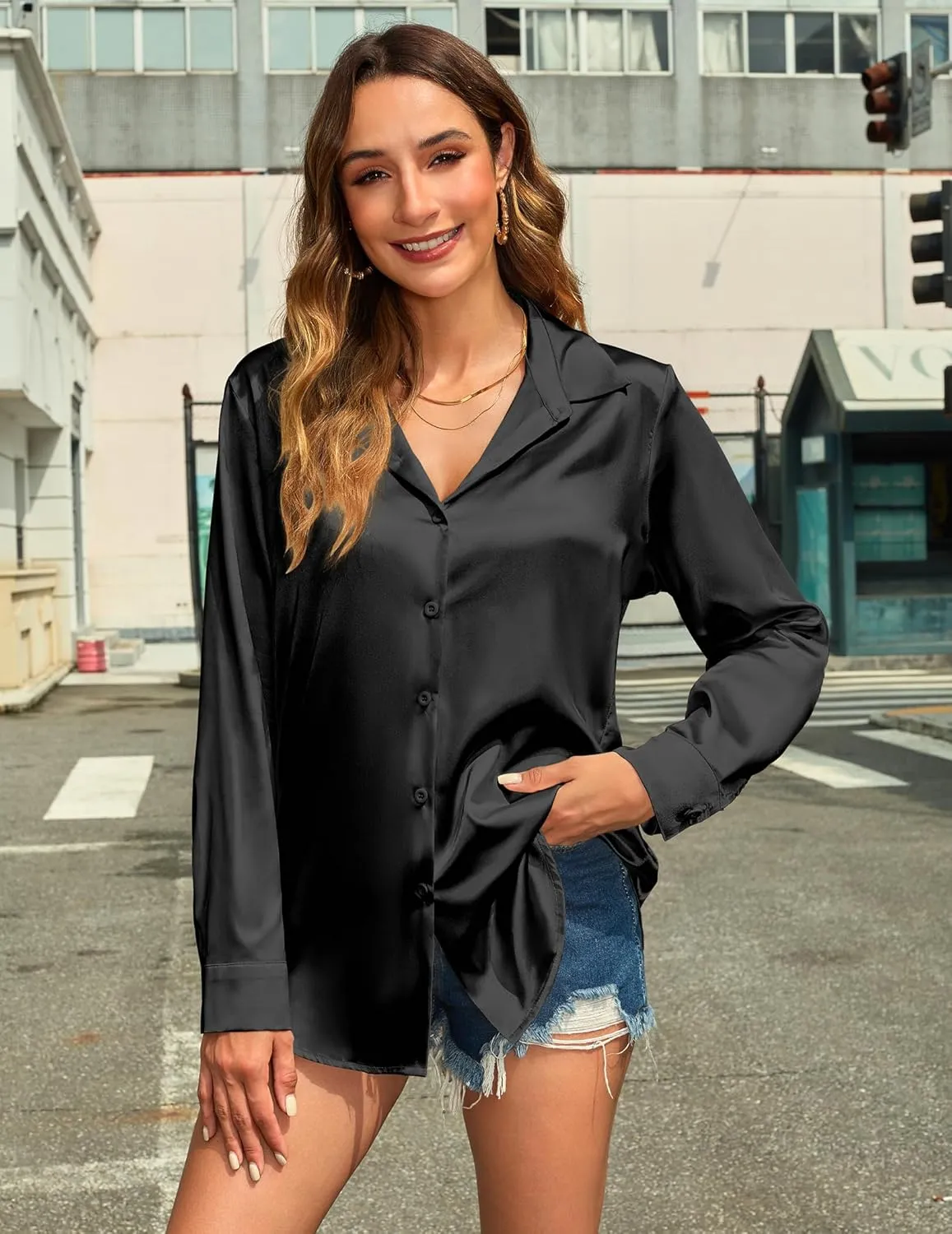 HOTOUCH Women's Satin Silk Shirts Button Down V Neck Dressy Casual Blouse Loose Long Sleeve Office Work Tunic Tops