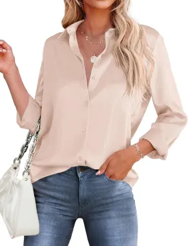 HOTOUCH Women's Satin Silk Shirts Button Down V Neck Dressy Casual Blouse Loose Long Sleeve Office Work Tunic Tops