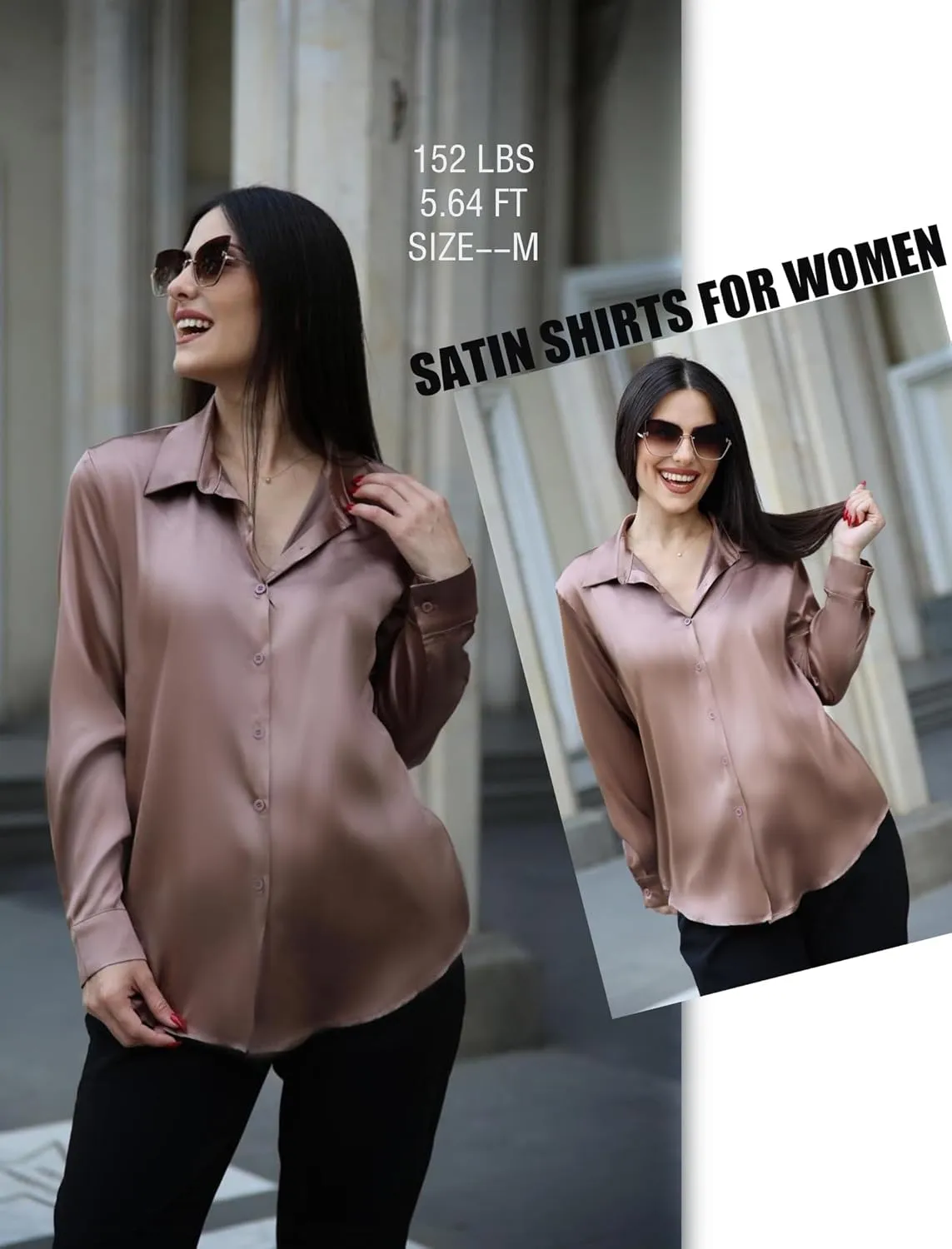 HOTOUCH Women's Satin Silk Shirts Button Down V Neck Dressy Casual Blouse Loose Long Sleeve Office Work Tunic Tops