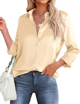 HOTOUCH Women's Satin Silk Shirts Button Down V Neck Dressy Casual Blouse Loose Long Sleeve Office Work Tunic Tops