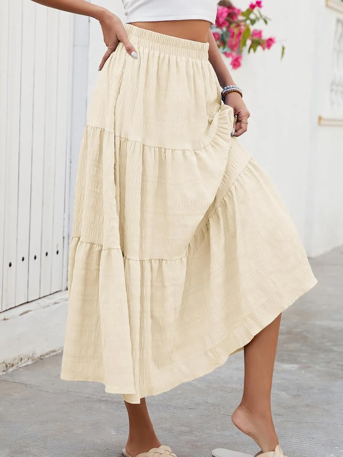 HUSKARY Women's Summer Casual Elegant Smock Layered Tiered Maxi Skirt High Waisted A Line Flowy Long Skirts with Pockets