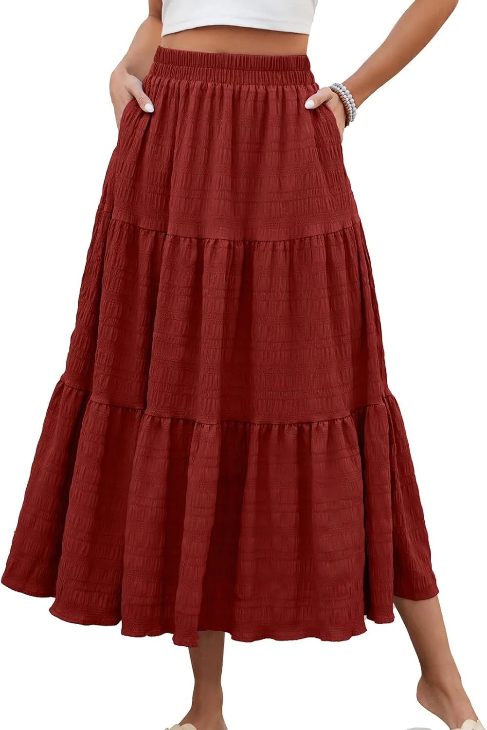 HUSKARY Women's Summer Casual Elegant Smock Layered Tiered Maxi Skirt High Waisted A Line Flowy Long Skirts with Pockets