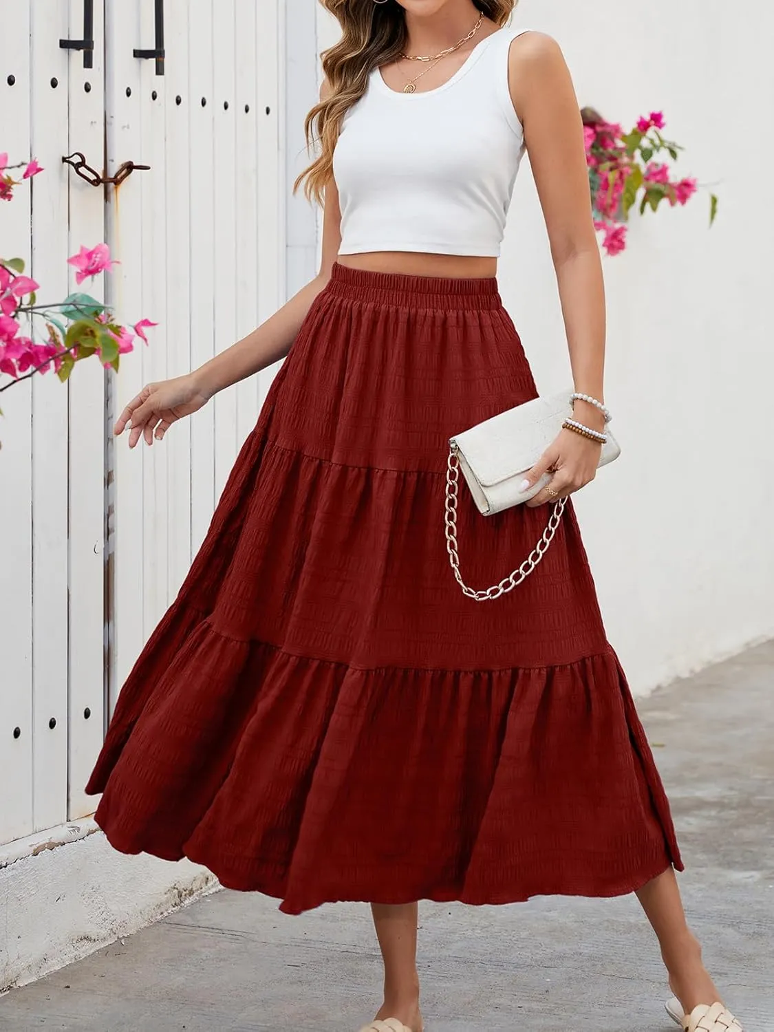HUSKARY Women's Summer Casual Elegant Smock Layered Tiered Maxi Skirt High Waisted A Line Flowy Long Skirts with Pockets