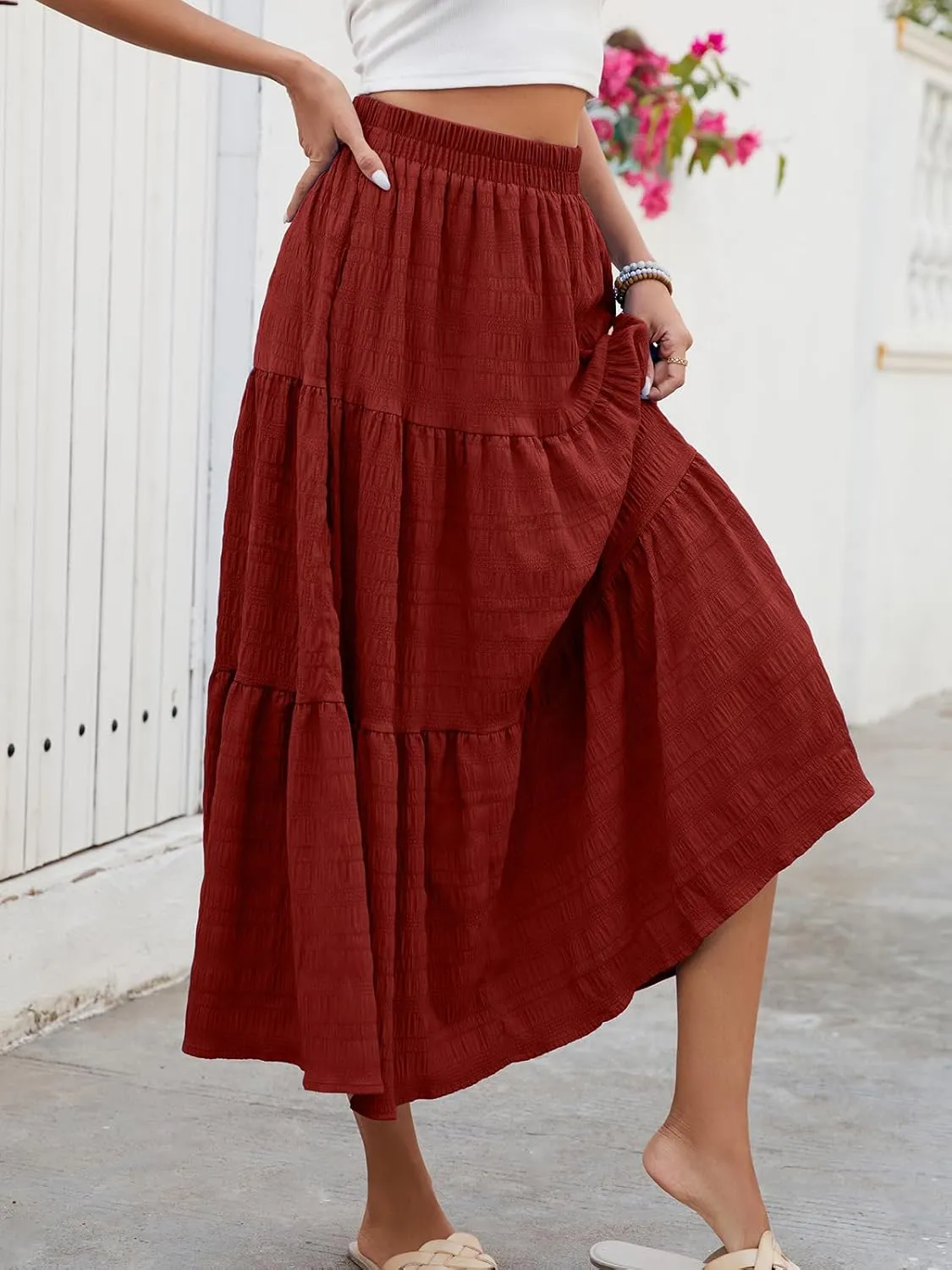 HUSKARY Women's Summer Casual Elegant Smock Layered Tiered Maxi Skirt High Waisted A Line Flowy Long Skirts with Pockets