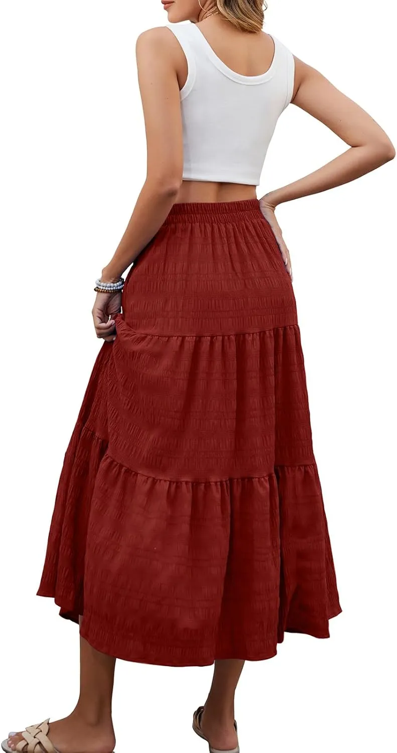 HUSKARY Women's Summer Casual Elegant Smock Layered Tiered Maxi Skirt High Waisted A Line Flowy Long Skirts with Pockets