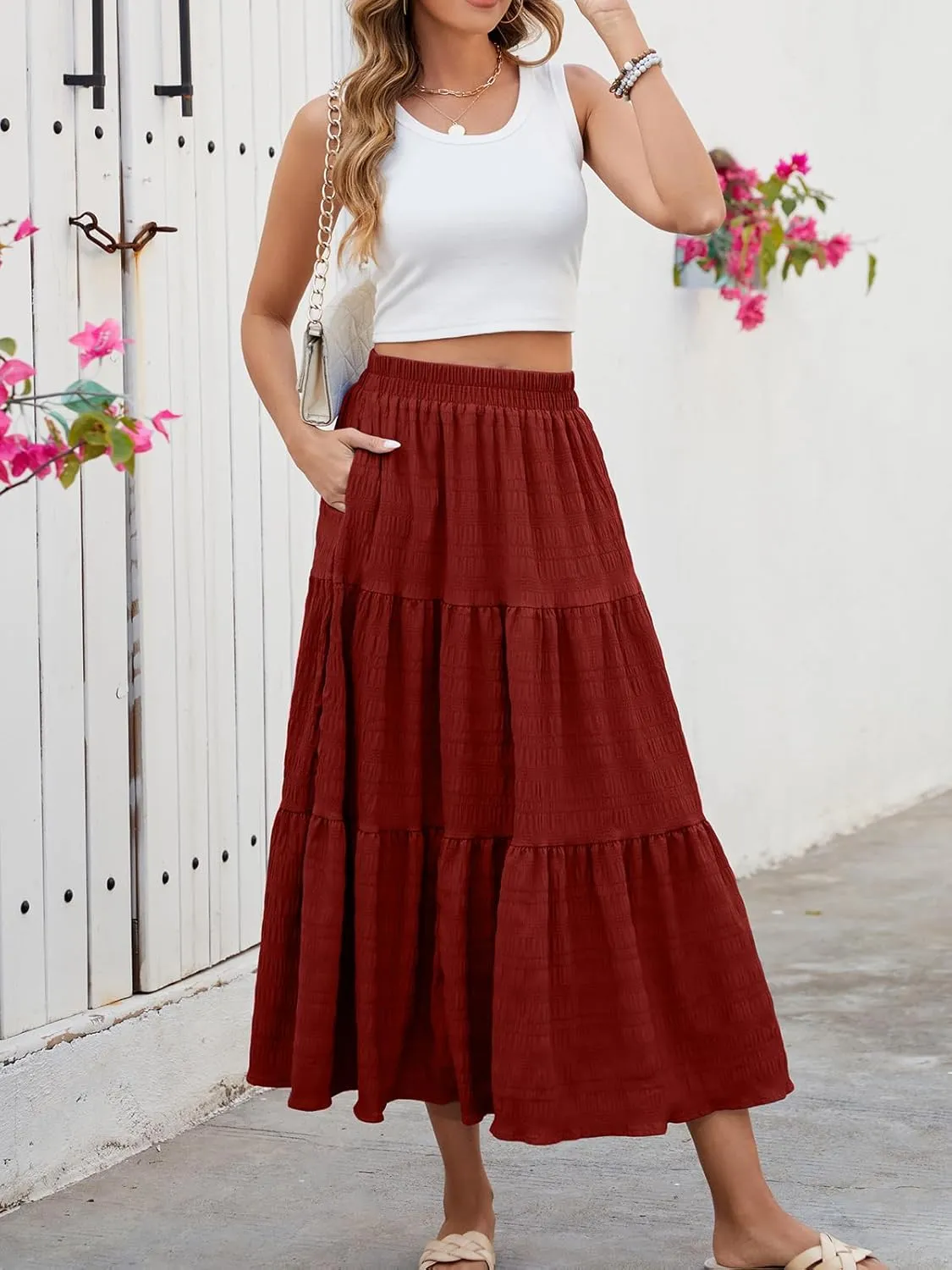 HUSKARY Women's Summer Casual Elegant Smock Layered Tiered Maxi Skirt High Waisted A Line Flowy Long Skirts with Pockets
