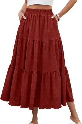 HUSKARY Women's Summer Casual Elegant Smock Layered Tiered Maxi Skirt High Waisted A Line Flowy Long Skirts with Pockets