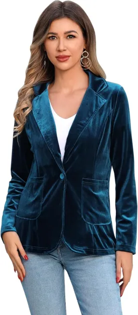 IDOPIP Women's Velvet Blazer Jacket Long Sleeve Lapel Open Front Cardigan Coat Casual Office Blazer Jacket Suits with Pockets