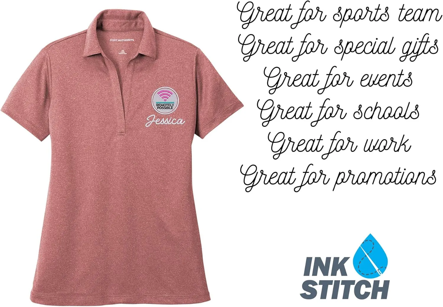INK STITCH Women Lk542 Custom Design Your Own Logo Text Embroidery Silk Touch Heather Performance Polo Shirts