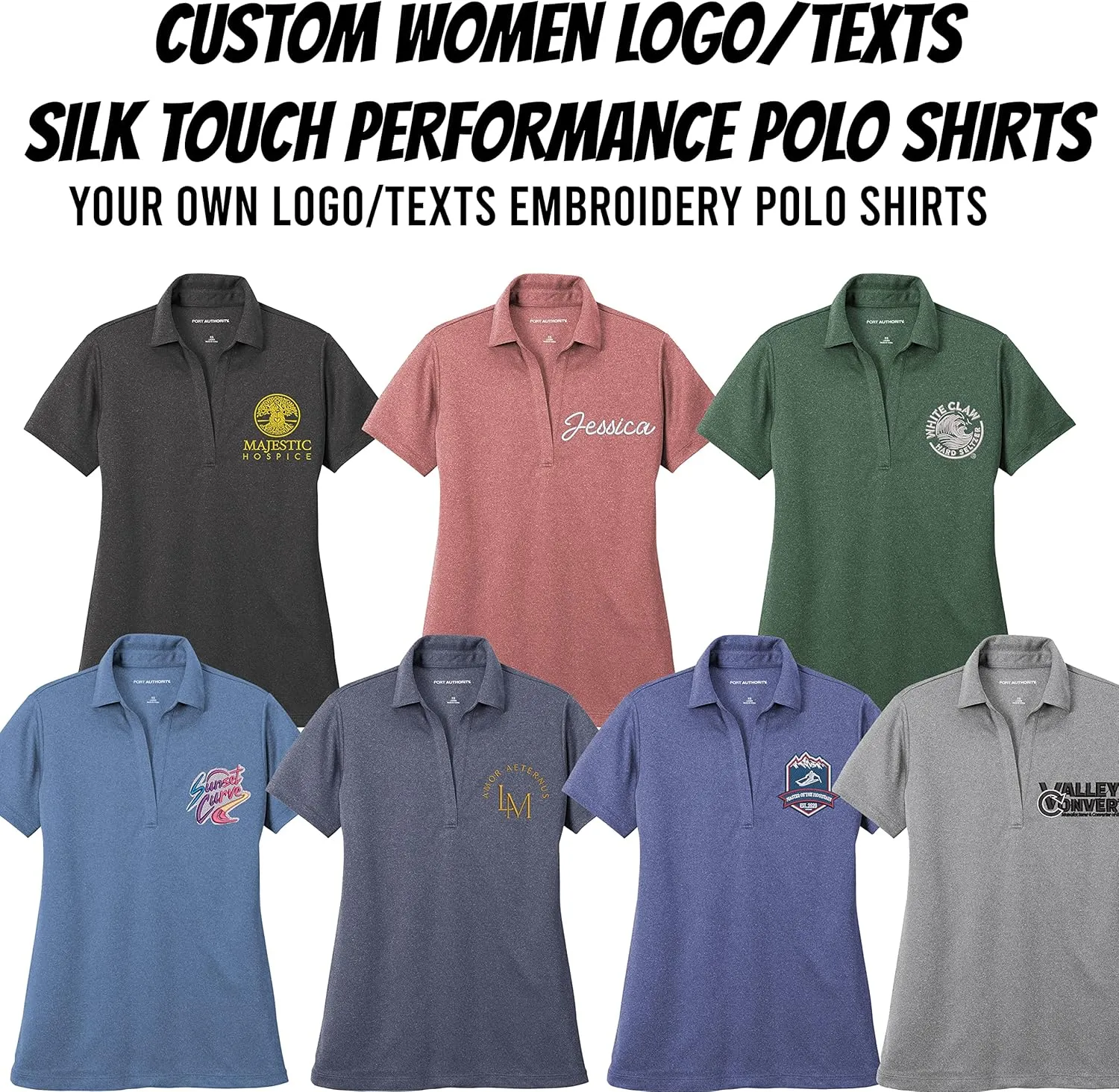 INK STITCH Women Lk542 Custom Design Your Own Logo Text Embroidery Silk Touch Heather Performance Polo Shirts