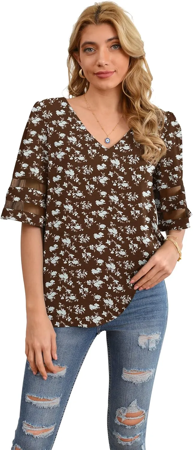 Jouica Women's V Neck Chiffon Blouse Mesh Panel Blouse 3/4 Bell Sleeve Loose Top Shirt