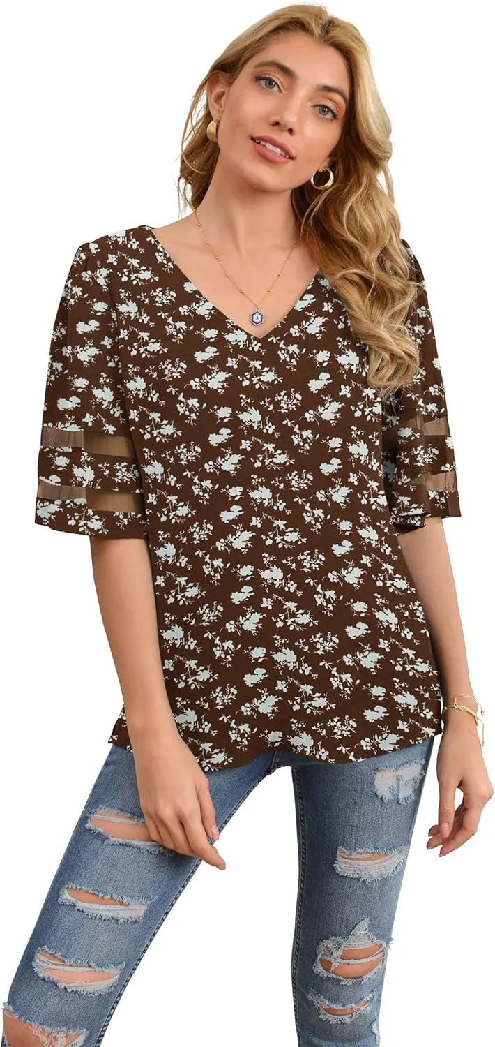 Jouica Women's V Neck Chiffon Blouse Mesh Panel Blouse 3/4 Bell Sleeve Loose Top Shirt