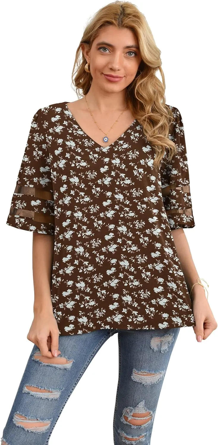 Jouica Women's V Neck Chiffon Blouse Mesh Panel Blouse 3/4 Bell Sleeve Loose Top Shirt