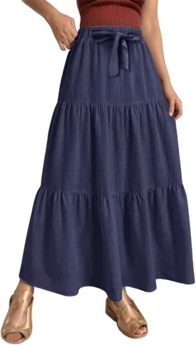 Linen Maxi Skirts for Women 2025 Summer Boho Long Flowy Bow Tie Elastic High Waist Tiered Swing Pleated A Line Skirt