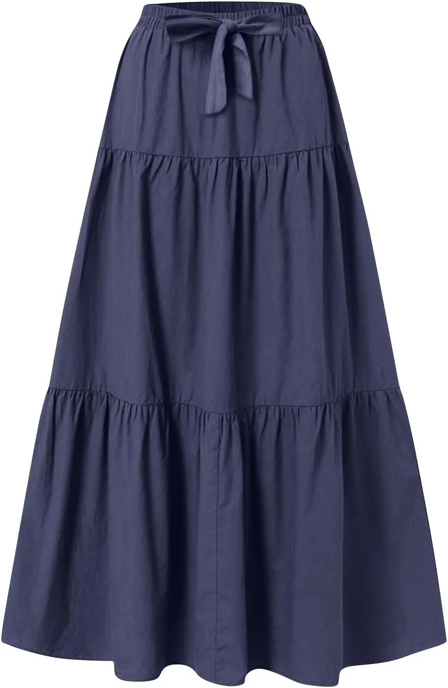 Linen Maxi Skirts for Women Summer Trendy Boho Long Flowy Bow Tie Elastic High Waist Tiered Swing Pleated A Line Skirt
