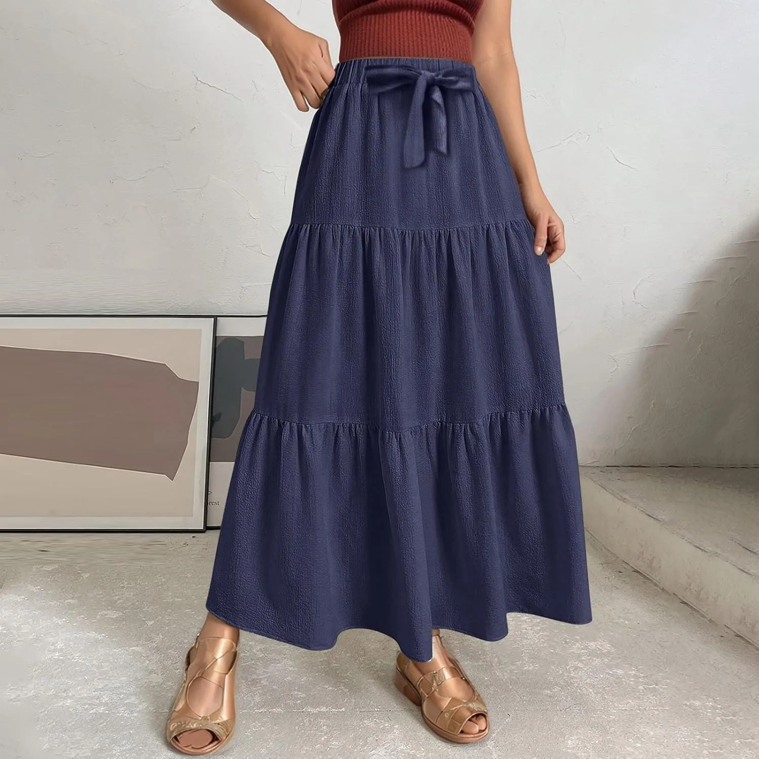 Linen Maxi Skirts for Women Summer Trendy Boho Long Flowy Bow Tie Elastic High Waist Tiered Swing Pleated A Line Skirt