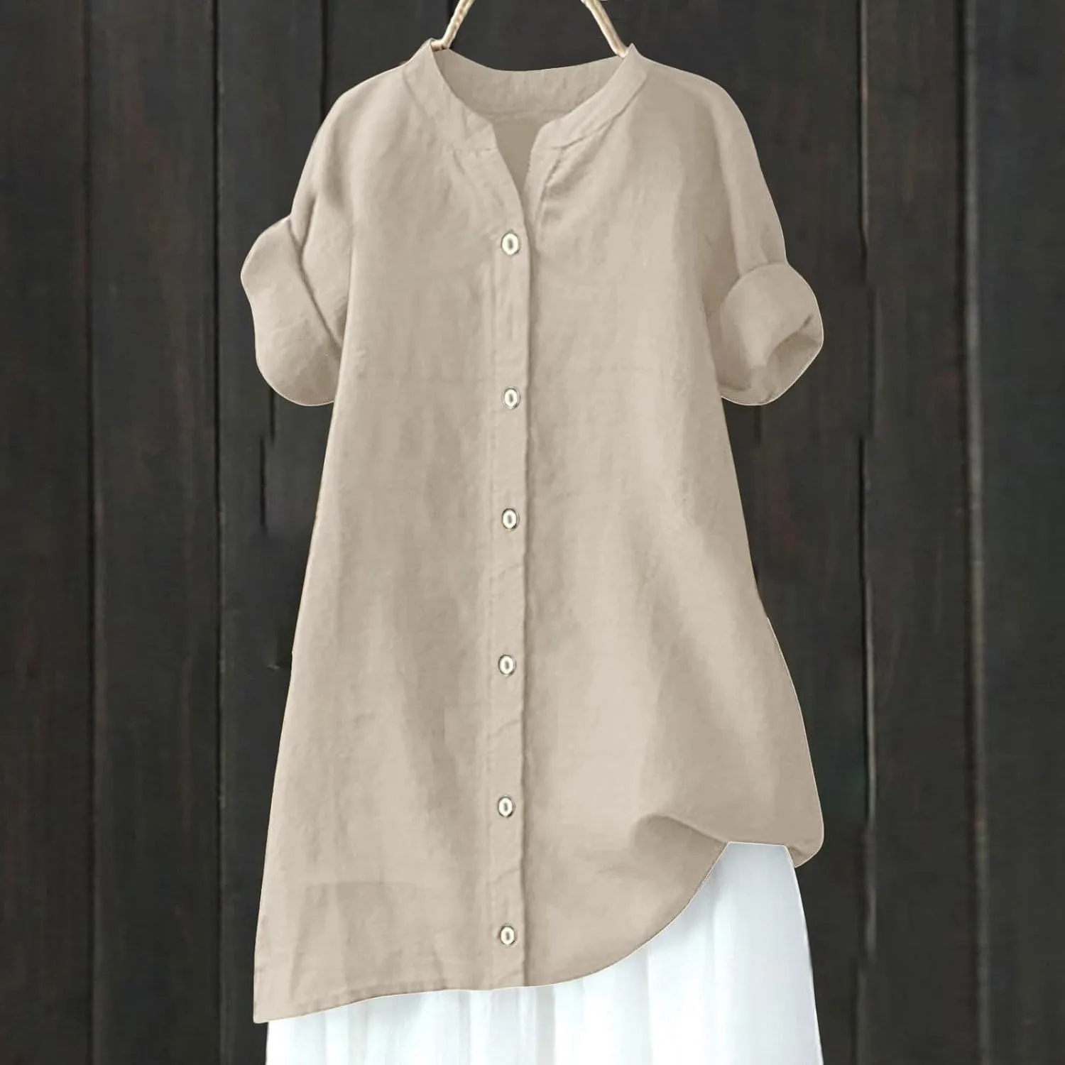 Linen Shirts for Women 2025 Gauze Short Sleeve V Neck Button Loose Fit Blouses Vacation Dress Casual Tunic Tops