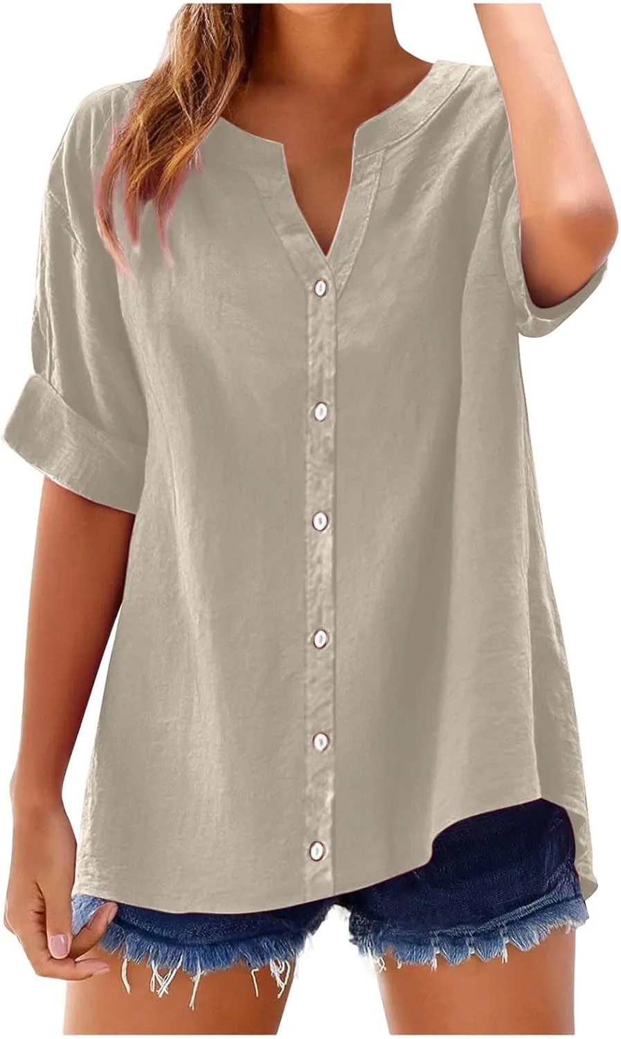 Linen Shirts for Women 2025 Gauze Short Sleeve V Neck Button Loose Fit Blouses Vacation Dress Casual Tunic Tops