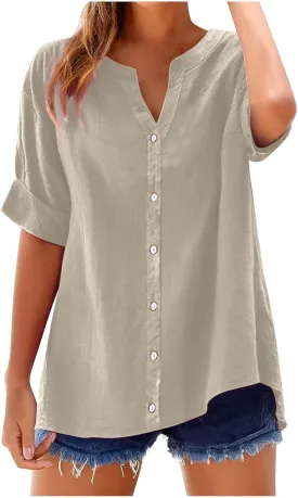 Linen Shirts for Women 2025 Gauze Short Sleeve V Neck Button Loose Fit Blouses Vacation Dress Casual Tunic Tops