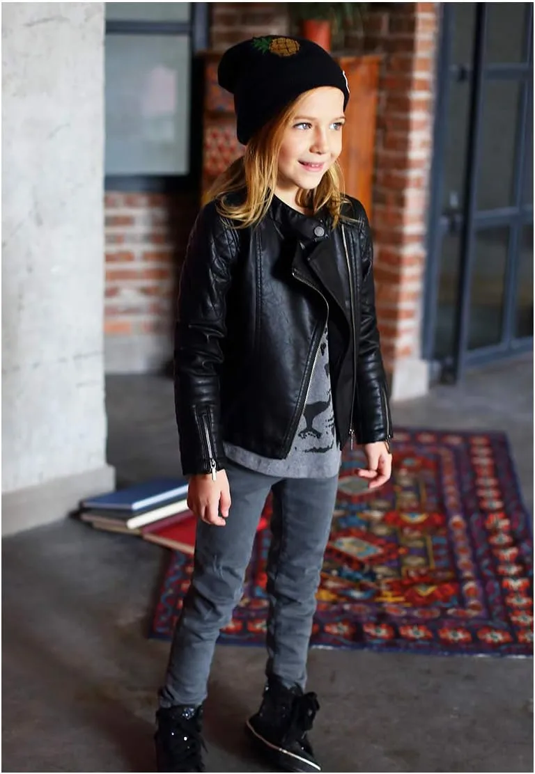 LJYH Girls Faux Leather Quilted Shoulder Motorcycle Jackets Kids Spring Moto Biker Coats