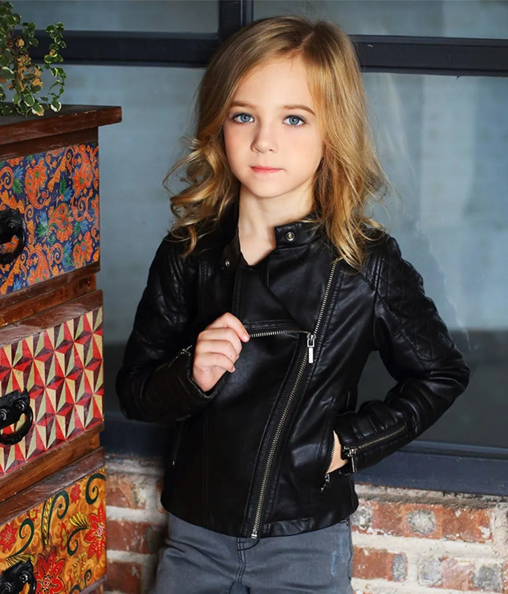 LJYH Girls Faux Leather Quilted Shoulder Motorcycle Jackets Kids Spring Moto Biker Coats