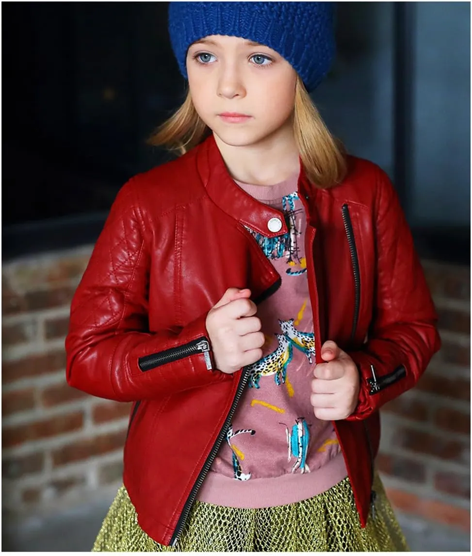 LJYH Girls Faux Leather Quilted Shoulder Motorcycle Jackets Kids Spring Moto Biker Coats