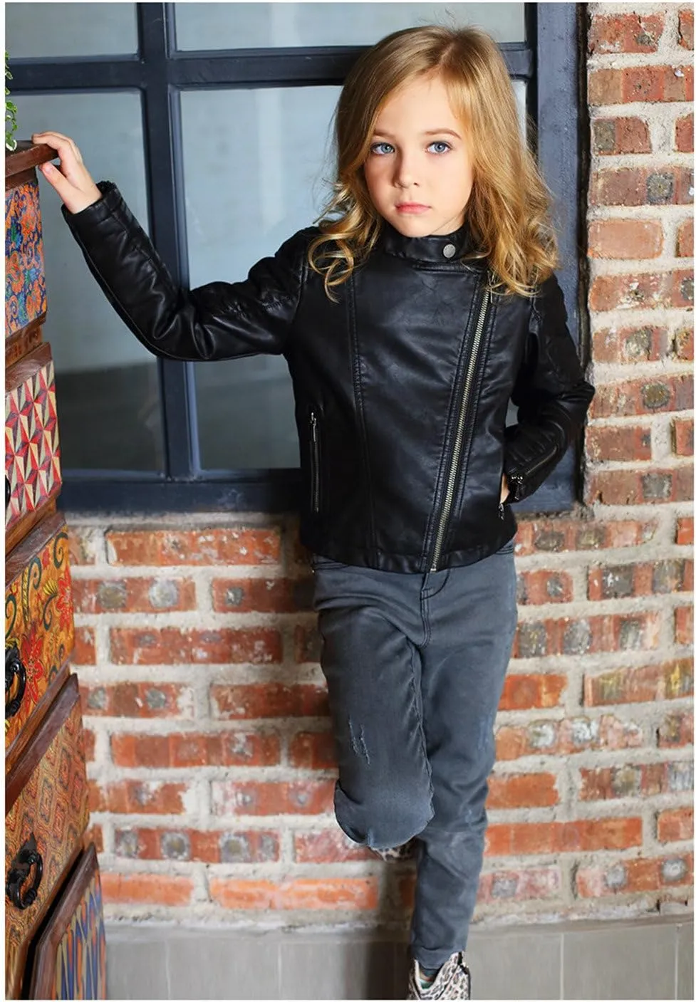 LJYH Girls Faux Leather Quilted Shoulder Motorcycle Jackets Kids Spring Moto Biker Coats