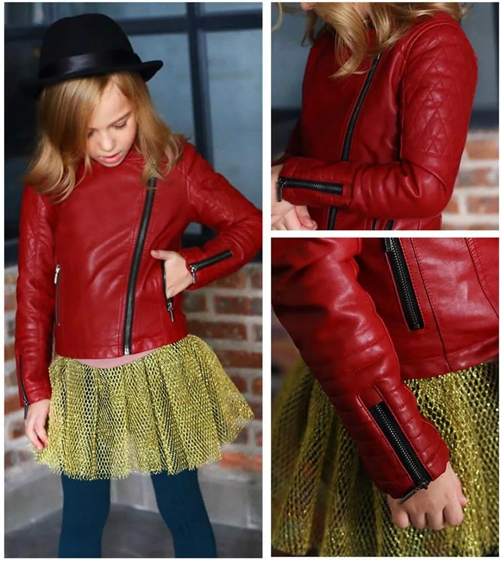 LJYH Girls Faux Leather Quilted Shoulder Motorcycle Jackets Kids Spring Moto Biker Coats