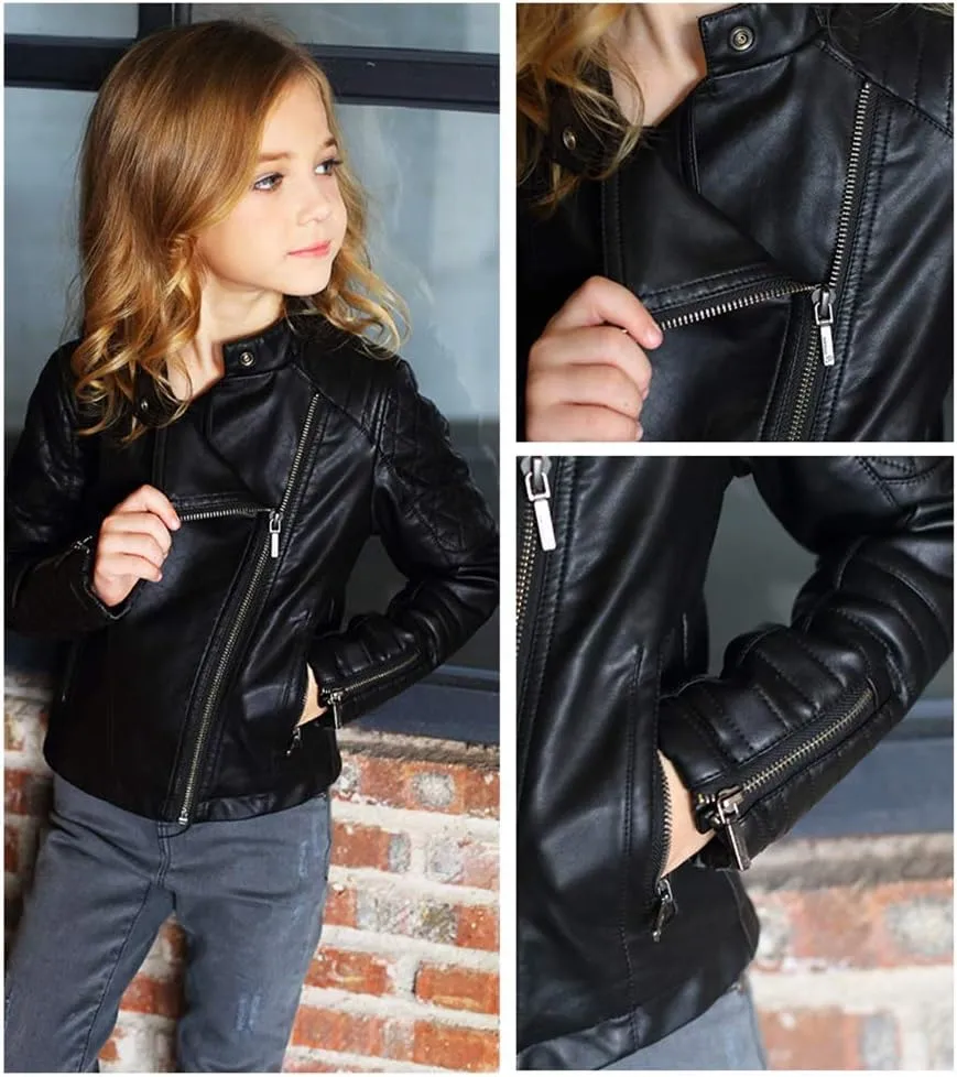 LJYH Girls Faux Leather Quilted Shoulder Motorcycle Jackets Kids Spring Moto Biker Coats