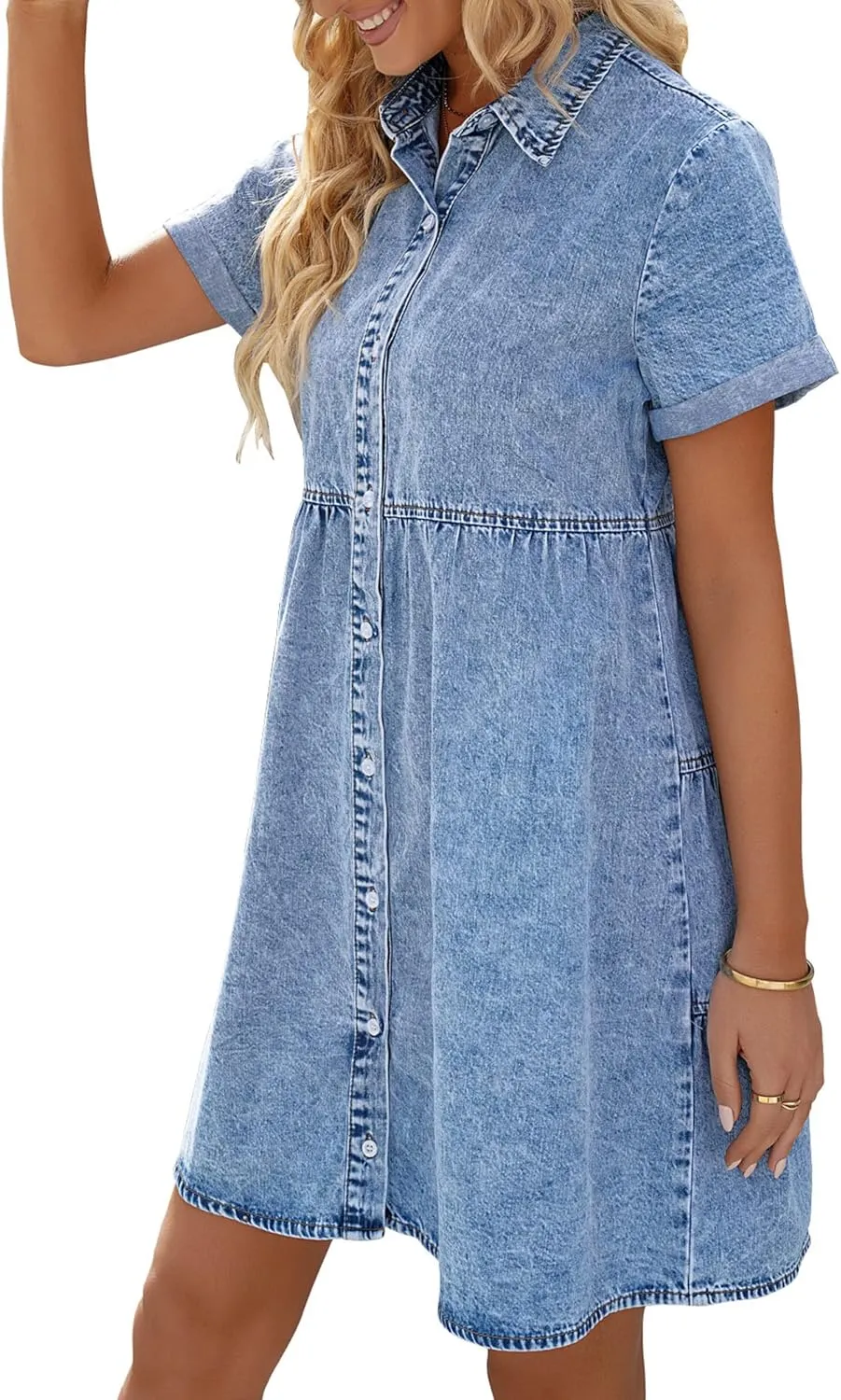 LookbookStore Women's Short Sleeve Button Down Flowy Tiered Babydoll Denim Dress