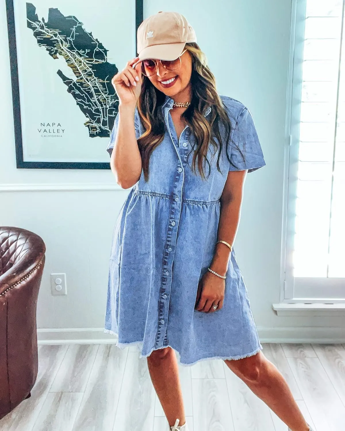 LookbookStore Women's Short Sleeve Button Down Flowy Tiered Babydoll Denim Dress