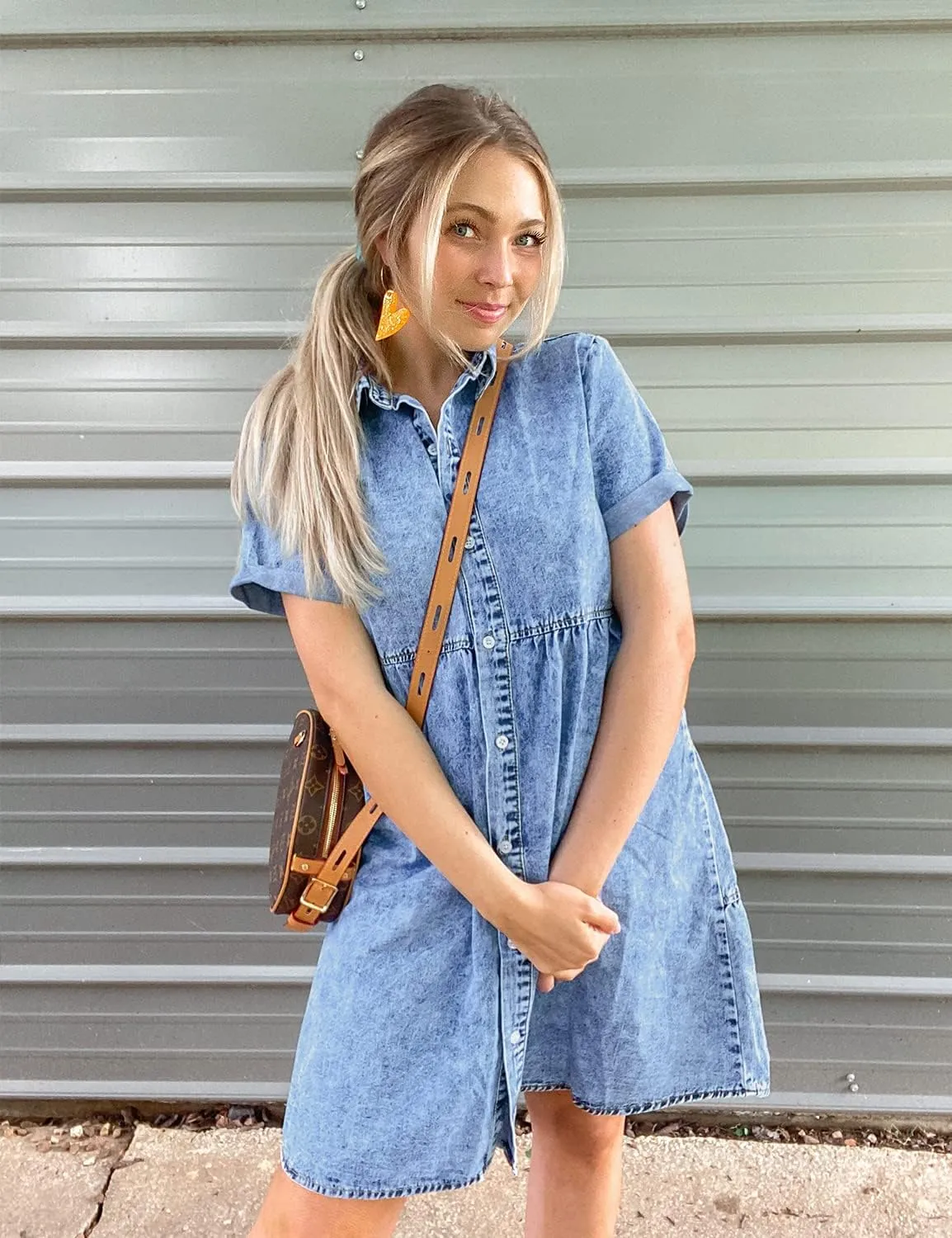 LookbookStore Women's Short Sleeve Button Down Flowy Tiered Babydoll Denim Dress