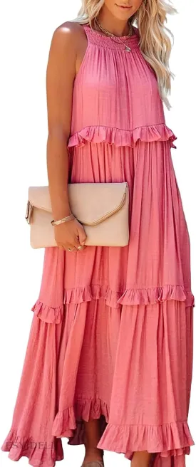 loveimgs Women's Summer Sleeveless Halter Neck Tiered Dress Flowy Ruffle Long Beach Maxi Dress Sundress