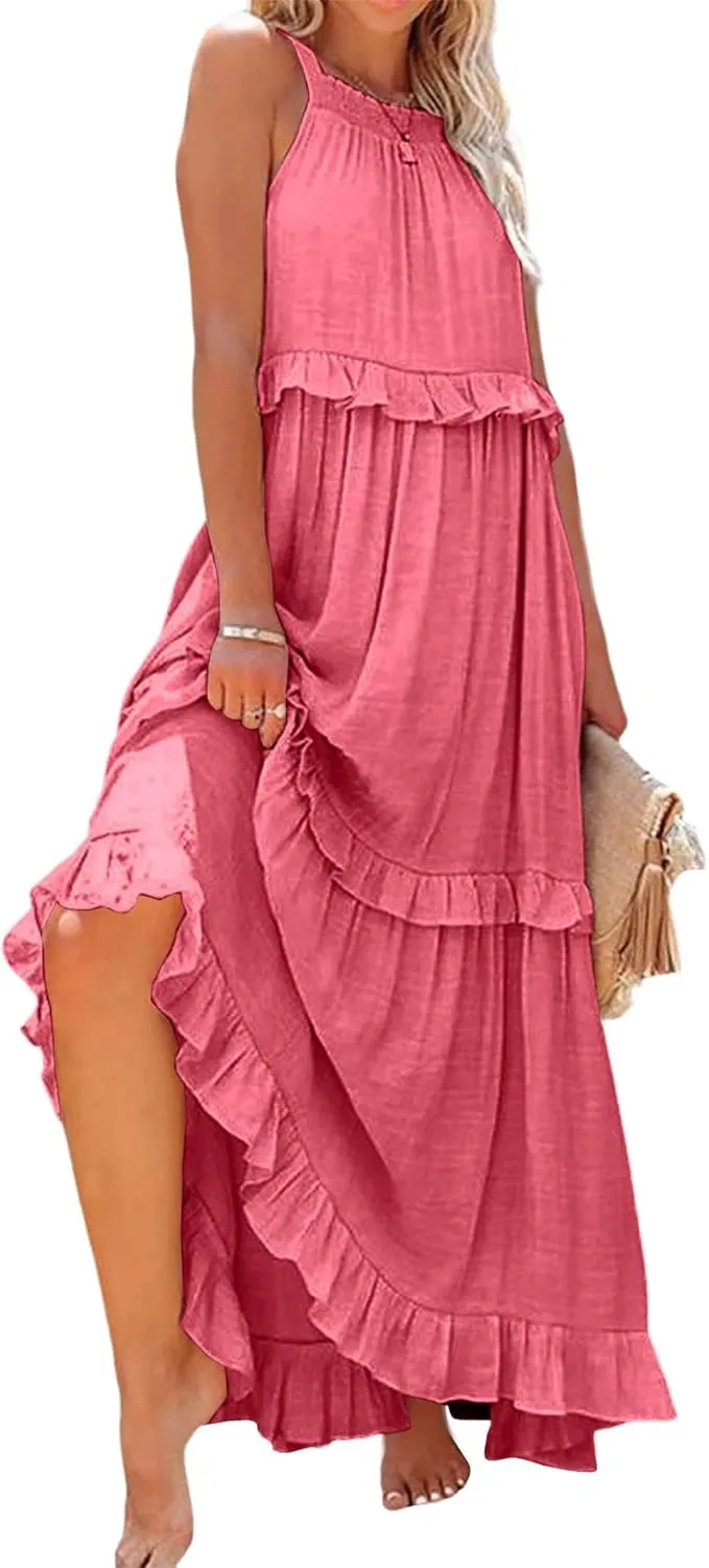 loveimgs Women's Summer Sleeveless Halter Neck Tiered Dress Flowy Ruffle Long Beach Maxi Dress Sundress
