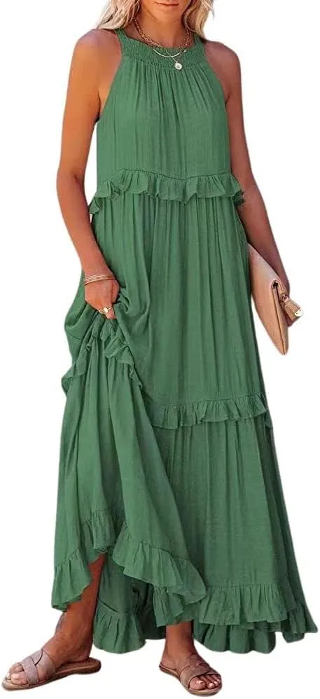 loveimgs Women's Summer Sleeveless Halter Neck Tiered Dress Flowy Ruffle Long Beach Maxi Dress Sundress
