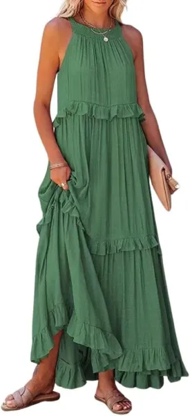 loveimgs Women's Summer Sleeveless Halter Neck Tiered Dress Flowy Ruffle Long Beach Maxi Dress Sundress