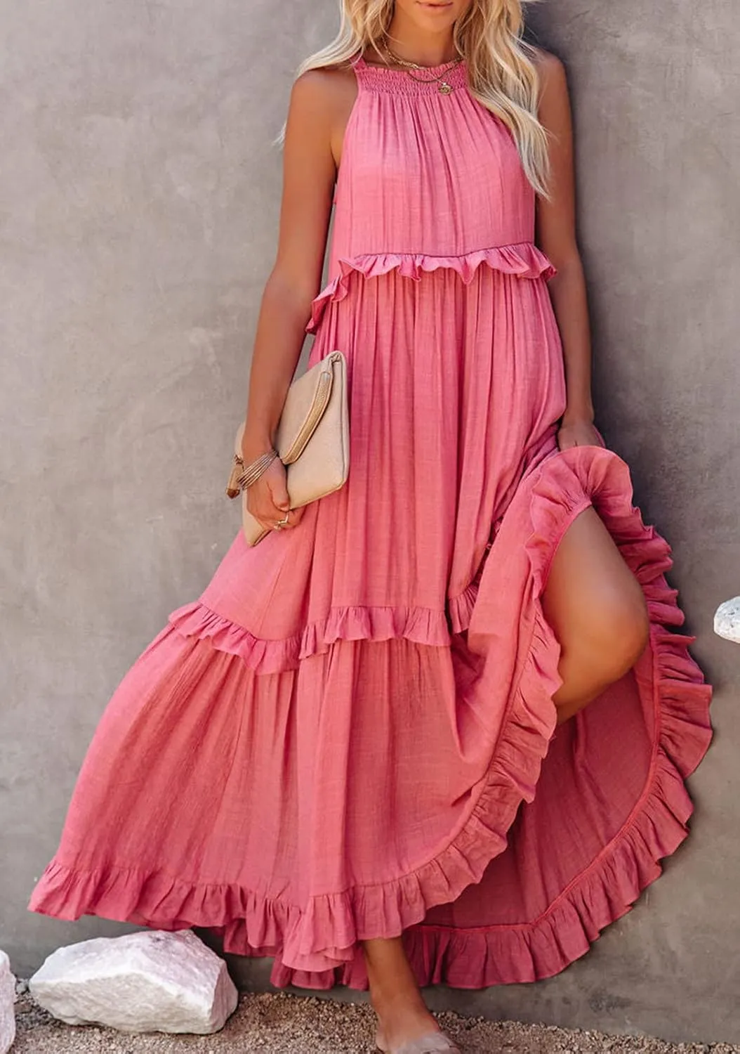 loveimgs Women's Summer Sleeveless Halter Neck Tiered Dress Flowy Ruffle Long Beach Maxi Dress Sundress
