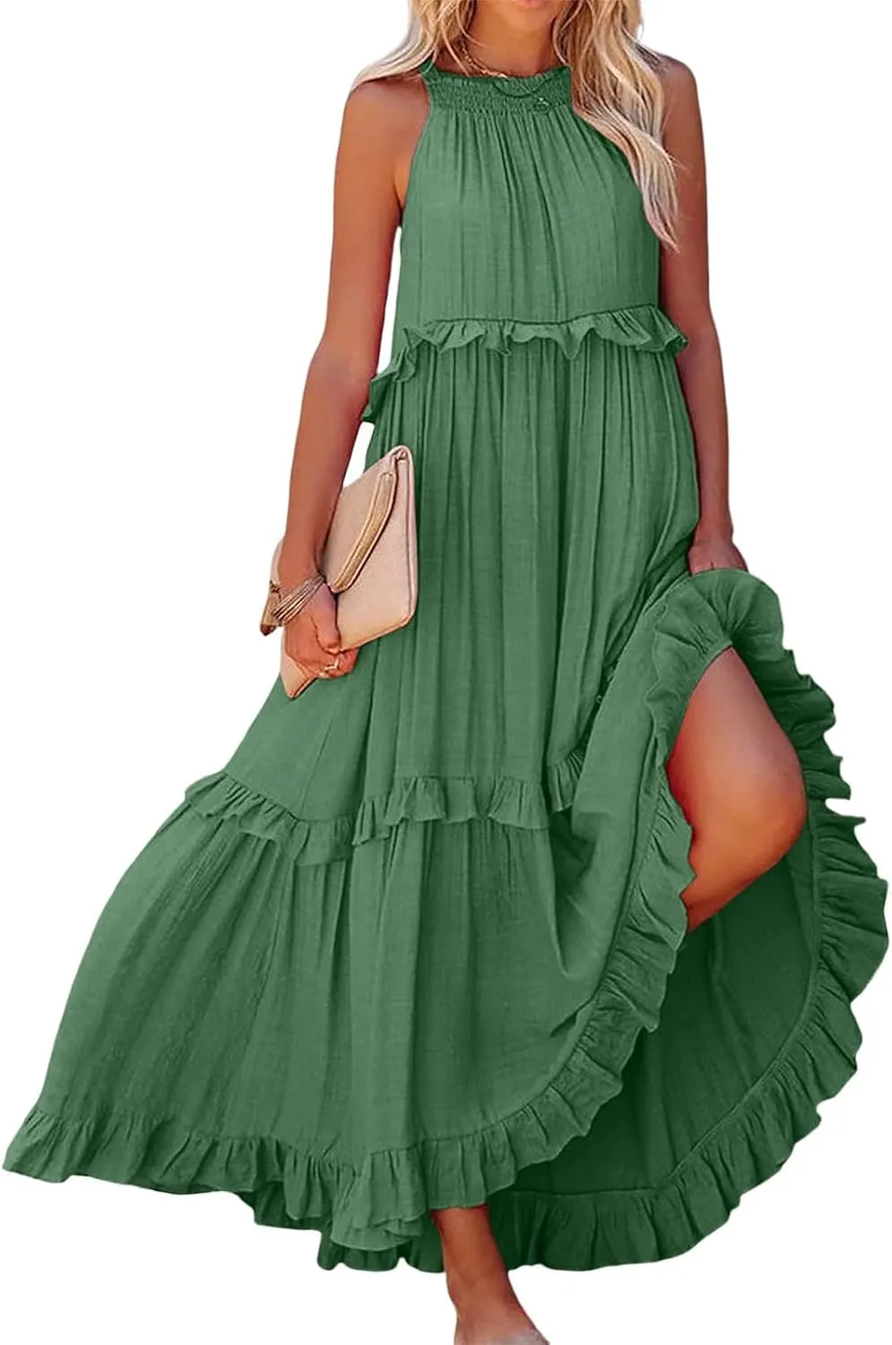 loveimgs Women's Summer Sleeveless Halter Neck Tiered Dress Flowy Ruffle Long Beach Maxi Dress Sundress