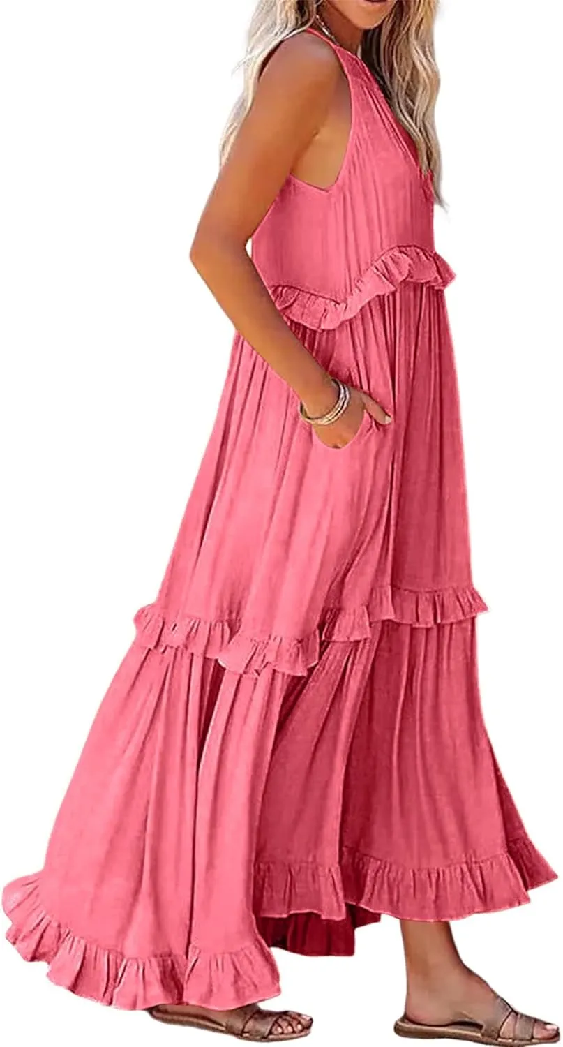 loveimgs Women's Summer Sleeveless Halter Neck Tiered Dress Flowy Ruffle Long Beach Maxi Dress Sundress