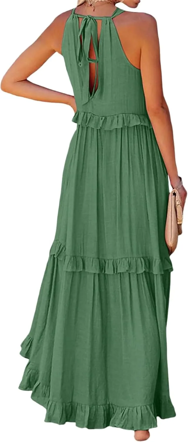 loveimgs Women's Summer Sleeveless Halter Neck Tiered Dress Flowy Ruffle Long Beach Maxi Dress Sundress