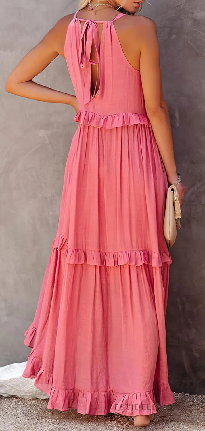 loveimgs Women's Summer Sleeveless Halter Neck Tiered Dress Flowy Ruffle Long Beach Maxi Dress Sundress