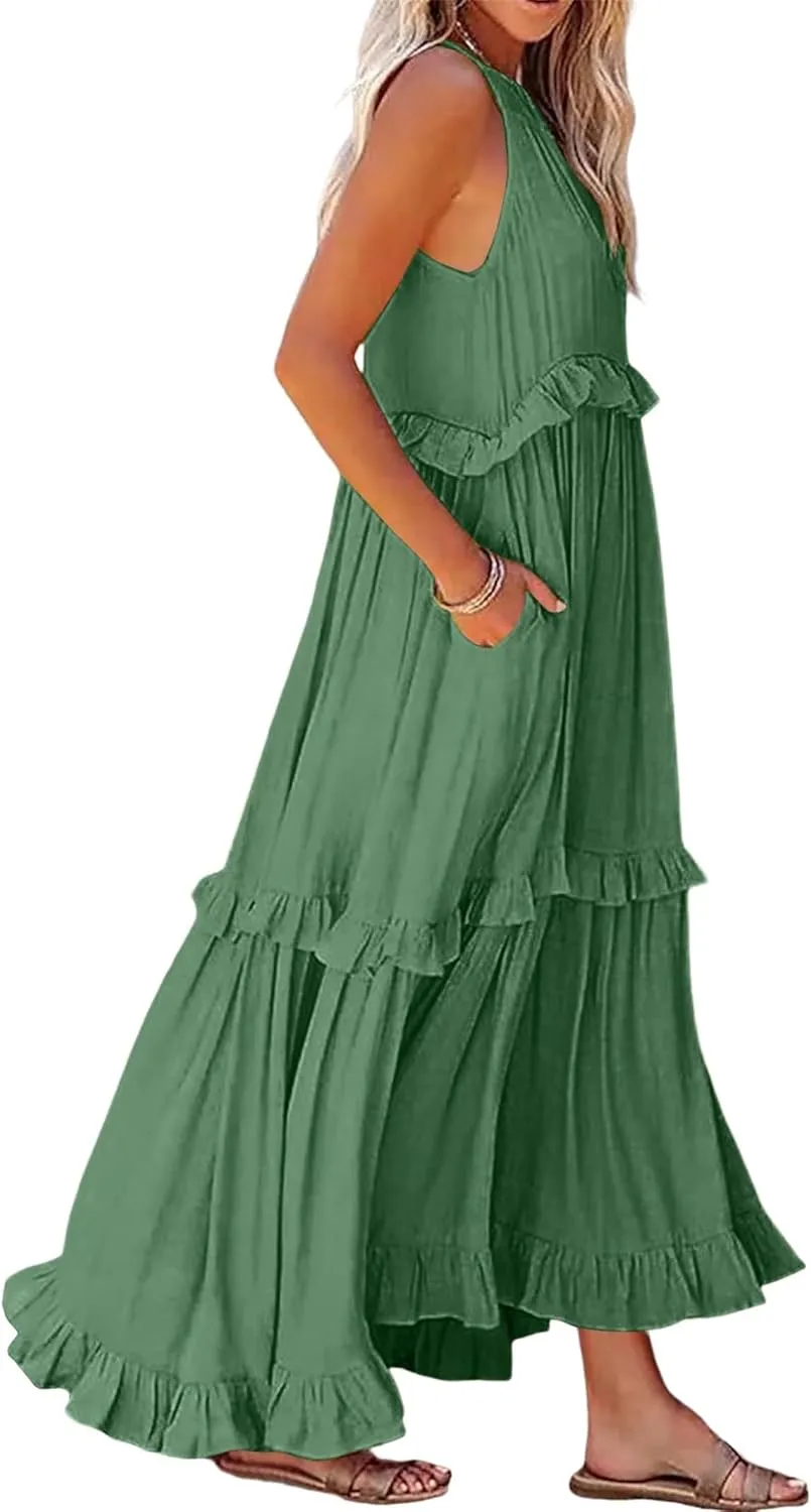 loveimgs Women's Summer Sleeveless Halter Neck Tiered Dress Flowy Ruffle Long Beach Maxi Dress Sundress