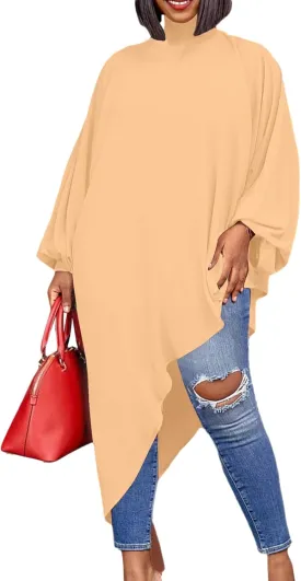 LYANER Women's Mock Neck Asymmetrical High Low Balloon Long Sleeve Long Shirt Blouse Tunic Top
