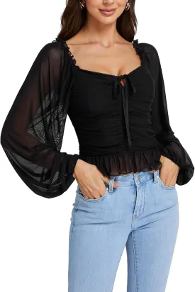 LYANER Women's Sweetheart Neck Self Tie Knot Shirred Back Mesh Lantern Long Sleeve Blouse Shirt Top