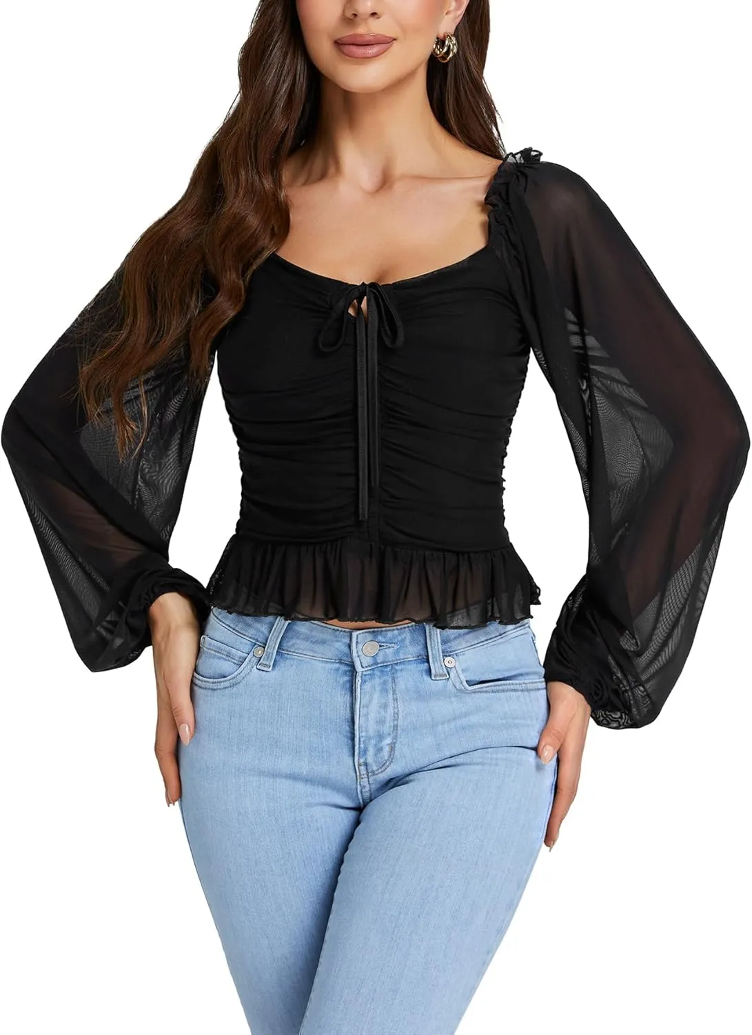 LYANER Women's Sweetheart Neck Self Tie Knot Shirred Back Mesh Lantern Long Sleeve Blouse Shirt Top
