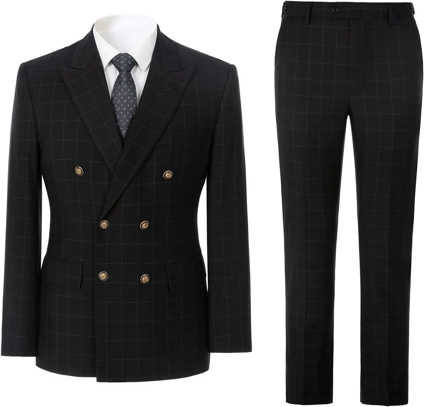 Men's 3 Piece Suits Slim Fit Plaid Double Breasted Blazer Vest Pants Set Wedding Party TuxedoBlack 2XL