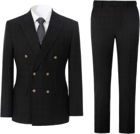 Men's 3 Piece Suits Slim Fit Plaid Double Breasted Blazer Vest Pants Set Wedding Party TuxedoBlack 4XL